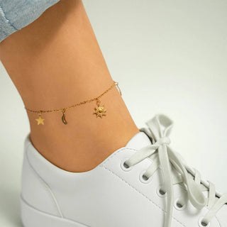 18K Gold PVD Stainless Steel Moon & Star Charm Anklet - Simply Sunflowers