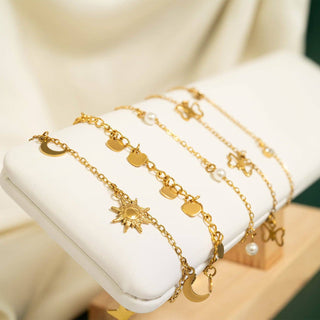 18K Gold PVD Stainless Steel Moon & Star Charm Anklet - Simply Sunflowers