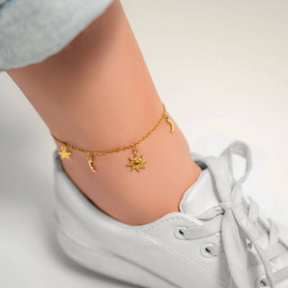 18K Gold PVD Stainless Steel Moon & Star Charm Anklet - Simply Sunflowers