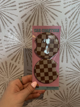 Brown Checkered Car Coasters - Simply Sunflowers