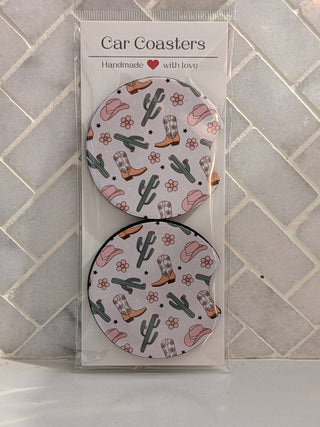 Desert Cactus Cowgirl Boots Car Coasters - Simply Sunflowers