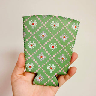 Green Faux Cross Stitch Pattern Koozie