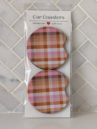 Fall Plaid Orange Pink Car Coasters - Simply Sunflowers