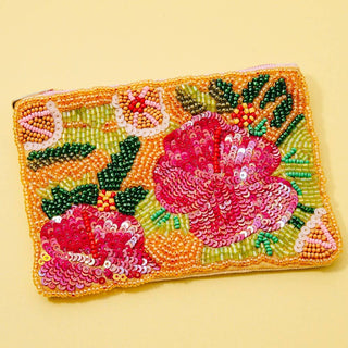 Floral Sequin And Seed Beaded Coin Purse - Simply Sunflowers