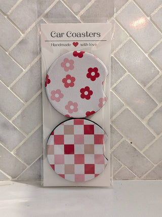 Flowers and Checkers Car Coasters - Simply Sunflowers