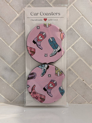 Pink Cowgirl Boots Car Coasters - Simply Sunflowers